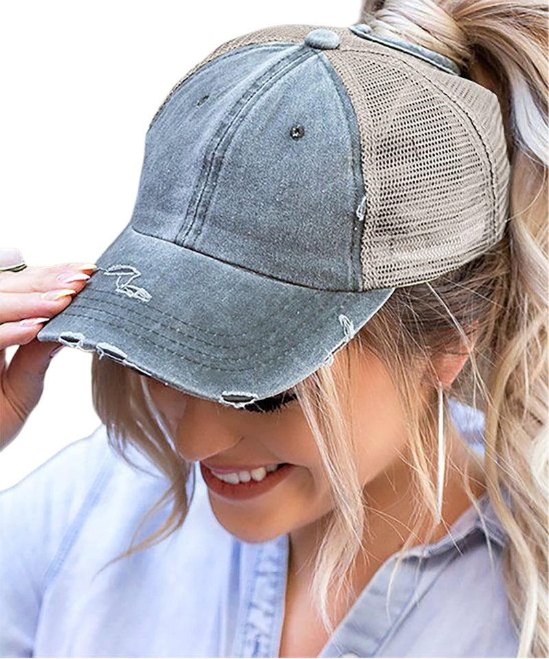 Eohak Distressed Ponytail Hats Baseball for Women Messy-Bun Pony Caps (Grey) - Image 1